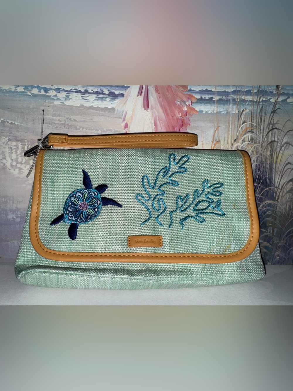 Vera Bradley Seafoam Embroidered Wristlet with Tan Trim